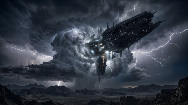 Giant futuristic spaceship flying through dark stormy clouds and lightning