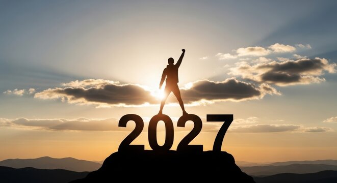 A silhouette of a person on top of a mountain with 2027 in the sunset illustration