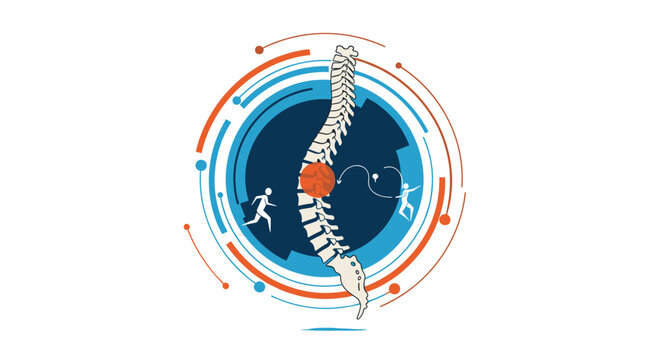 Healthcare concept of spine health featuring a human vertebral column with a red pain spot surrounded by people exercising and stretching.