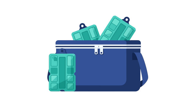 Blue cooler bag filled with green money bundles illustration.