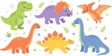 Cute Dinosaurs Vector Character Set for Kids Education and Nursery Decor © Lilufa