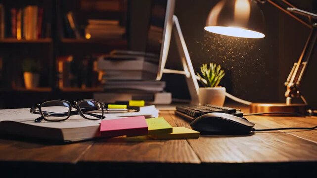 Late night workspace desk under warm lamp light, sticky notes, glasses, calculator on wooden table, study and productivity scene showing focused planning, paperwork and quiet evening work atmosphere