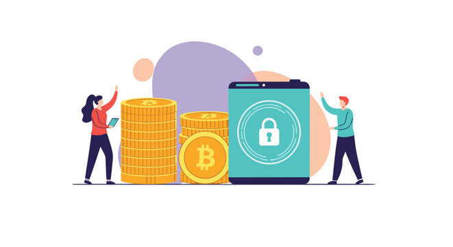 Cryptocurrency and digital security concept with people standing by stacks of bitcoin coins and a tablet showing a lock symbol.