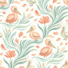 Naklejka premium Pelican and Floral Pattern