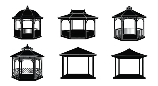 Collection of gazebo and pavilion silhouettes in black on a white background silhouette