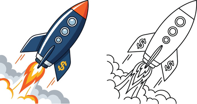 Title: Rocket Ship Launch Business Startup Vector Icon

Description: Colored and line art vector illustration of a rocket ship blasting off, representing business startups, innovation, and rapid succe