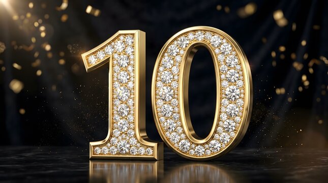 Luxurious 3D number ten crafted from gold and encrusted with sparkling diamonds