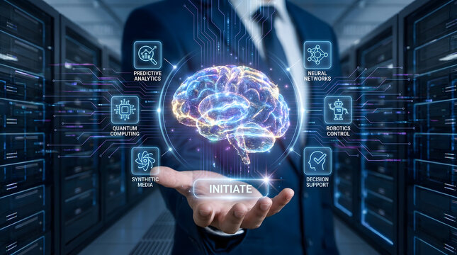 Advanced AI and machine learning concept: Businessman holding digital brain hologram in server room, Quantum computing and neural networks concept with glowing digital brain hologram in data center.