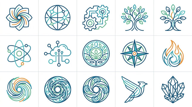 Collection of abstract circular logos and icons with nature and technology themes.