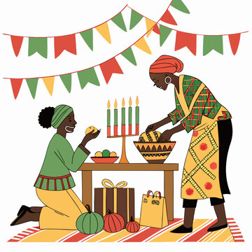 kwanzaa celebration illustration with two women preparing a festive meal and kinara centerpiece