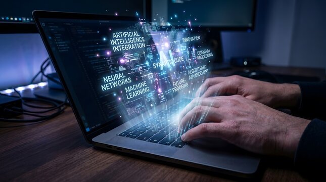 Developer hands typing on a laptop with complex digital data and code visualizations