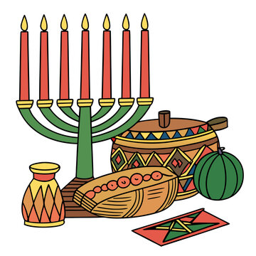 colorful kwanzaa illustration with kinara drum fruits and mkeka mat on white background