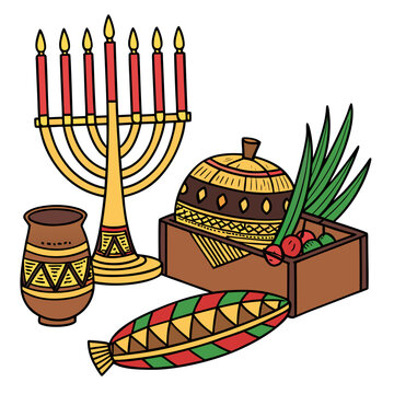 kwanzaa symbols and objects colorful vector illustration with kinara mkeka and mazao