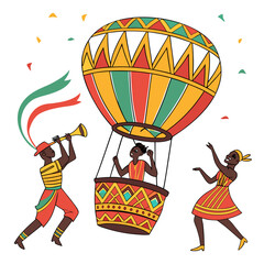 vector illustration of a colorful hot air balloon with african musicians and dancers © mukul