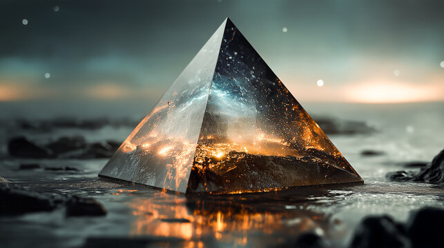 glowing crystal pyramid floating in cosmic void