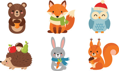 Cute Autumn Animals Vector Clipart Set with Bear Fox Owl Hedgehog Rabbit and Squirrel for Seasonal Thanksgiving and Woodland Nursery Graphic Designs © Ismail