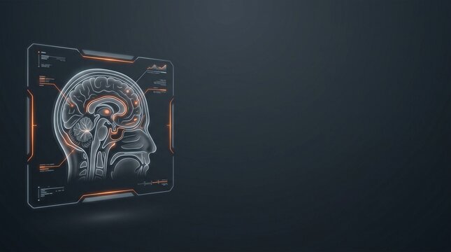 Digital futuristic brain scan interface displaying neural activity with holographic projection and data charts