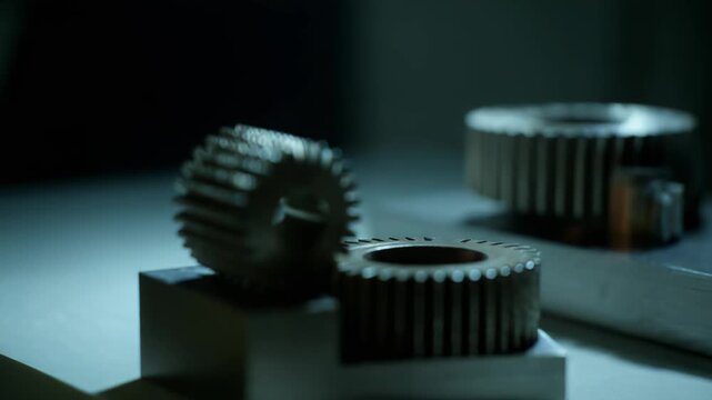 Two metal gears demonstrating mechanical engineering, technology, and precision machining on a stable block, highlighting intricate industrial mechanism components