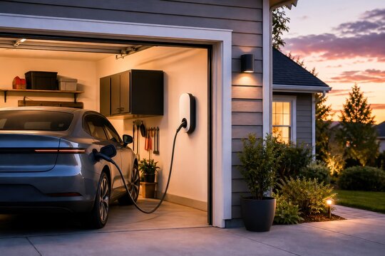 Electric car charging in a home garage at sunset, showcasing eco-friendly technology and sustainable living.