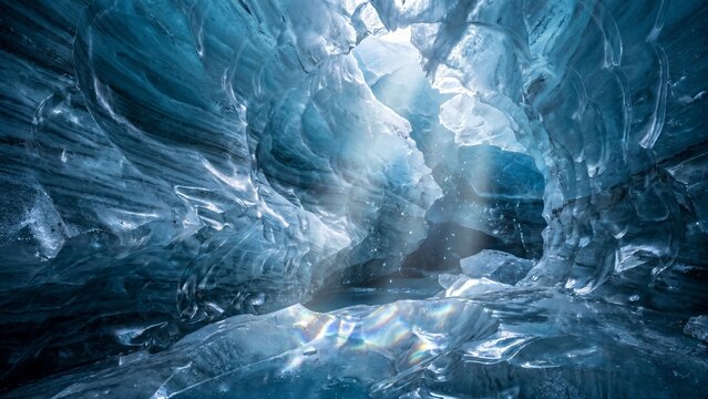 Breathtaking interior of an Arctic ice cave with ethereal sunlight streaming through deep blue glacial formations