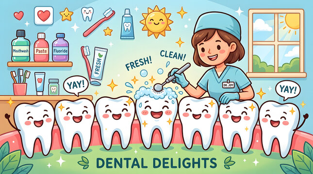 Cartoon style dental hygiene illustration, dentist tool cleaning front teeth