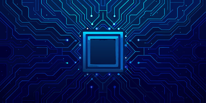 abstract circuit board pattern with central microchip blue glowing lines
