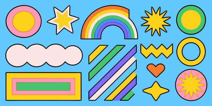 Colorful retro clip art shapes and elements collection on a blue background