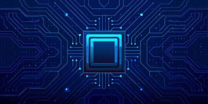 glowing microchip cpu with circuit board pattern digital technology background