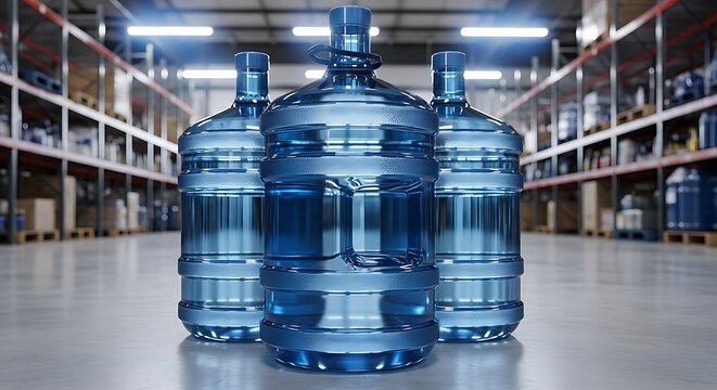 Three large blue 5 gallon water jugs standing in a warehouse aisle. 5 gallon water jug