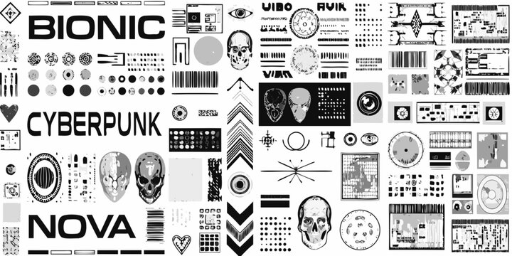cyberpunk collage with bionic and nova text skulls eyes and geometric shapes