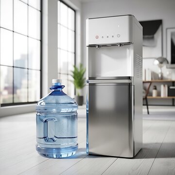 Modern water cooler with blue water jug in bright office kitchen with large windows. 5 gallon water jug