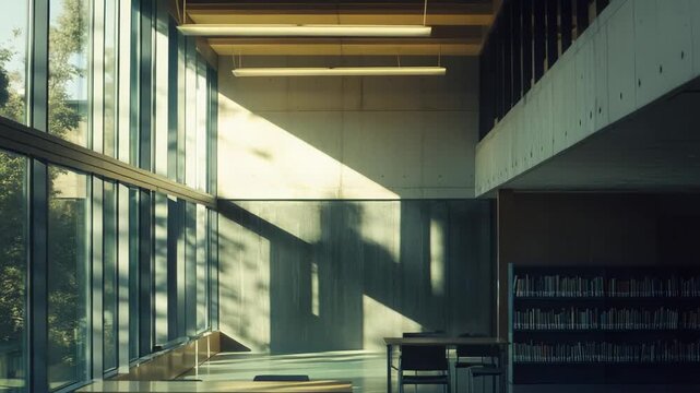Modern library interior featuring a large window, creating dappled shadows on a concrete wall and illuminating tables and chairs, with bookshelves in the background