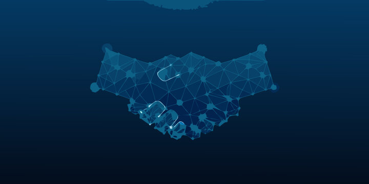 Low poly wireframe handshake illustration with glowing blue lines on a dark background