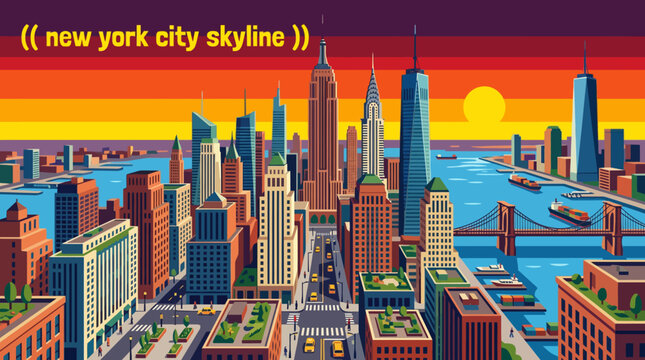 new york american city skyline architecture urban downtown travel tourism landmark street modern landscape vector illustration