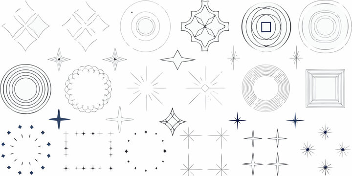 abstract geometric shapes and starbursts minimalist line art on a white background
