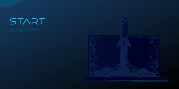 Blue wireframe rocket launching from a laptop digital startup concept illustration