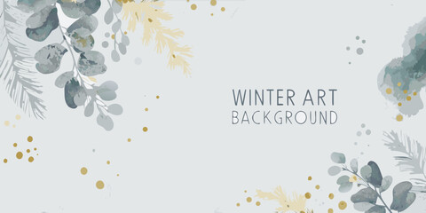 watercolor eucalyptus branches and pine needles with golden dots on a light gray background © Sudhakar