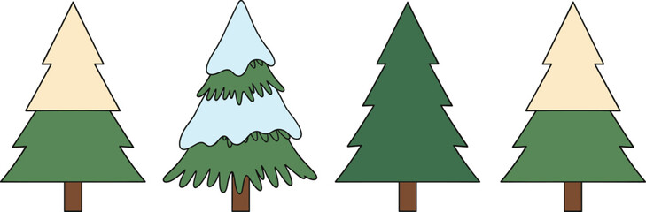 Fototapeta premium Minimalist Christmas Pine Trees Vector Clipart Set with Snow Covered Fir and Seasonal Evergreen Foliage Elements for Winter Holiday Designs