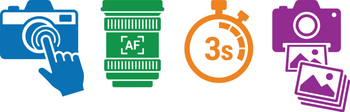 Photography feature icons represent key functions like touch focus, autofocus, timer settings, and instant image printing for modern creative workflows.