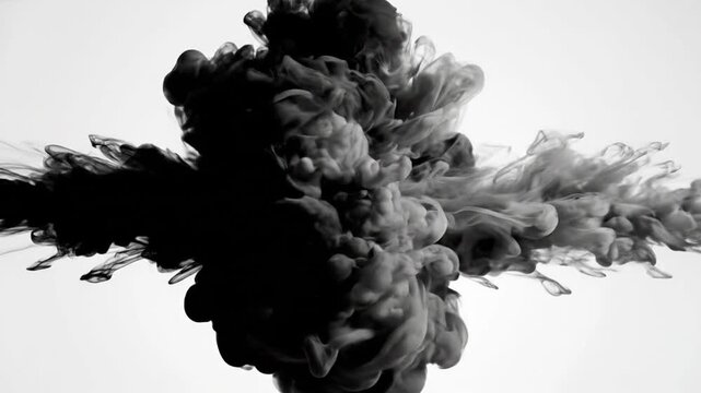 Ink clouds swirl in water to create an abstract black and white smoke effect on a blank background.