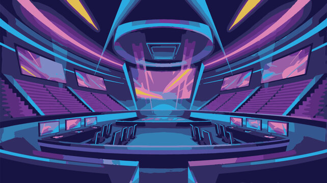 Neon-lit futuristic control room, purple blue interior, sci-fi command center, technology vector illustration