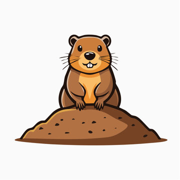 Cute cartoon groundhog sitting on a dirt mound