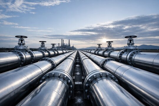 Industrial pipeline network leading to large facility.. Ai generative