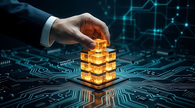 Human hand places the final glowing data cube on a circuit board symbolizing artificial intelligence system completion