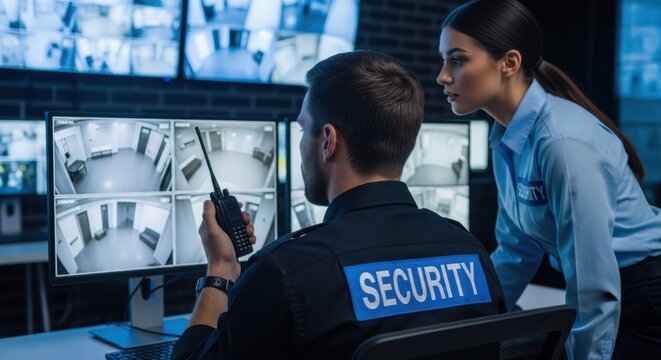 Security officer communicating on radio while monitoring surveillance cameras on multiple screens in control room