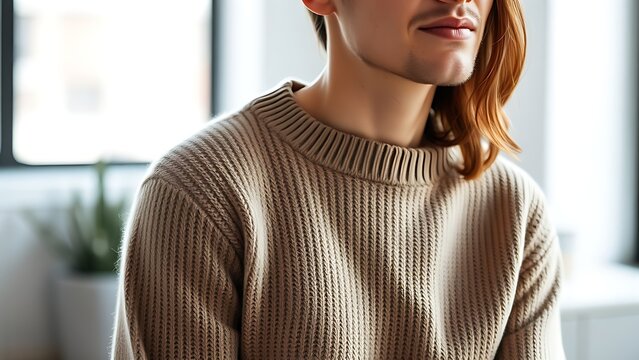 Entrepreneur in a neutral sweater posing with soft window light and minimalist blurred office background.