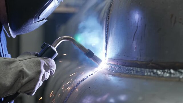 Skilled welder uses a torch to join metal parts in an industrial workshop, creating bright sparks and demonstrating focused craftsmanship