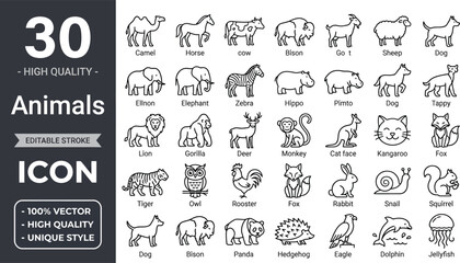 Animal line icon set. Editable stroke minimal vector outline icons for horse, cow, dog, monkey, wildlife, pet and domestic animals collection for ui, app, web and graphic design © Drow Dx