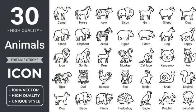 Animal line icon set. Editable stroke minimal vector outline icons for horse, cow, dog, monkey, wildlife, pet and domestic animals collection for ui, app, web and graphic design