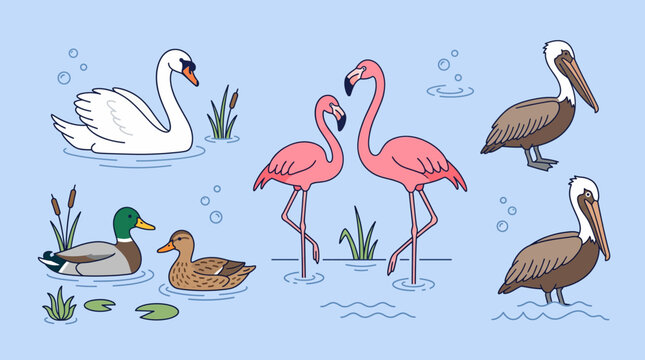 Elegant Aquatic Birds Vector Illustration Set Graceful Swans, Vibrant Flamingos, Playful Ducks, and Majestic Pelicans in a Serene Water Environment